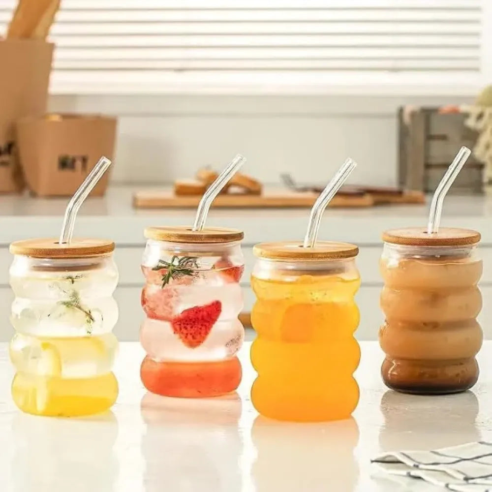 Wave shape glass bottle with wooden cap