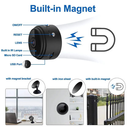 Compact black security camera with magnetic mounting options.