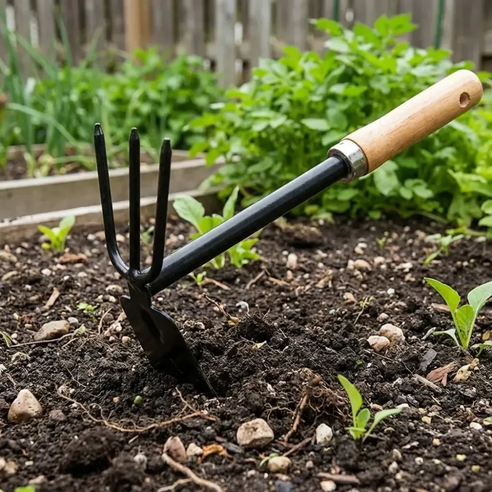 Wooden handle dual hoe & rake