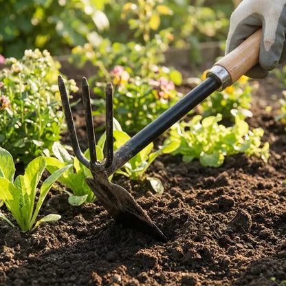 Wooden handle dual hoe & rake