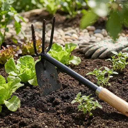 Wooden handle dual hoe & rake