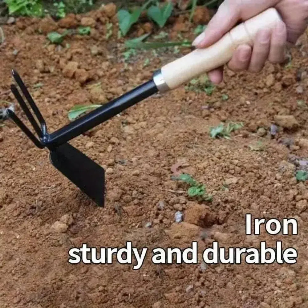 Wooden handle dual hoe & rake
