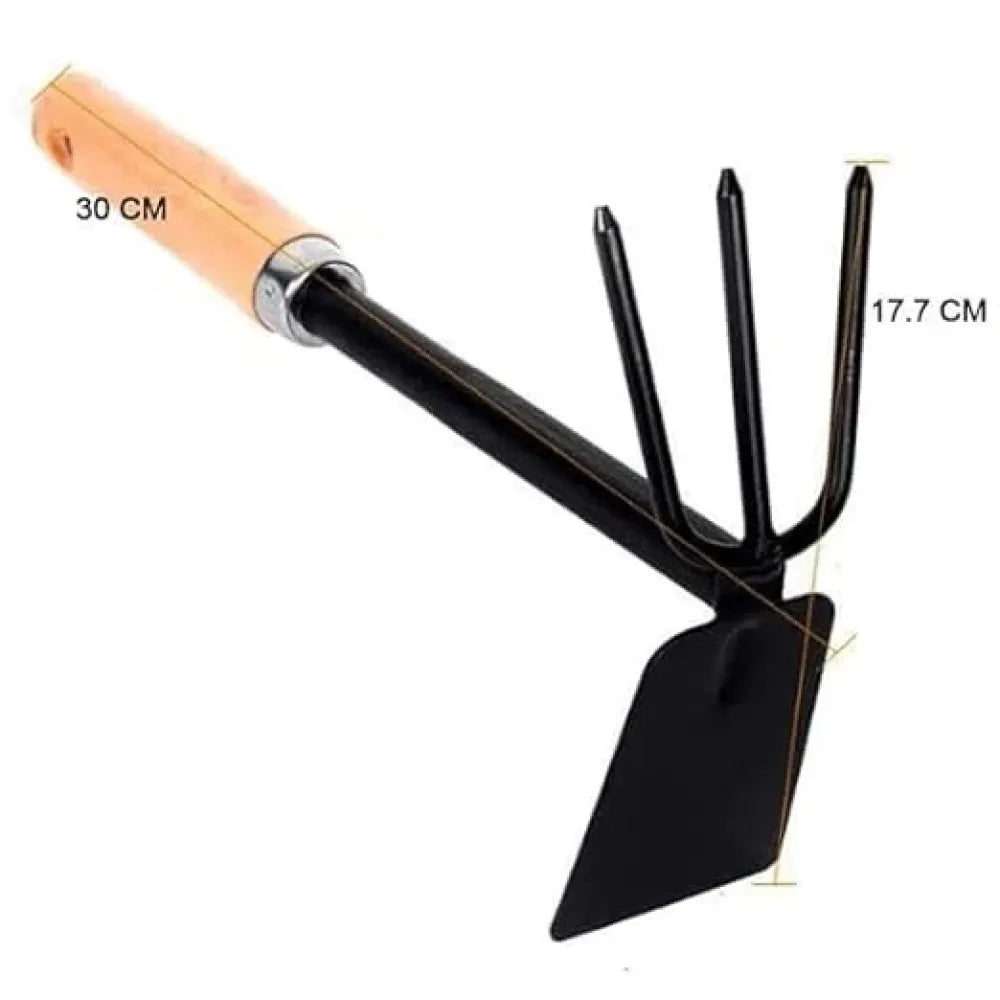 Wooden handle dual hoe & rake