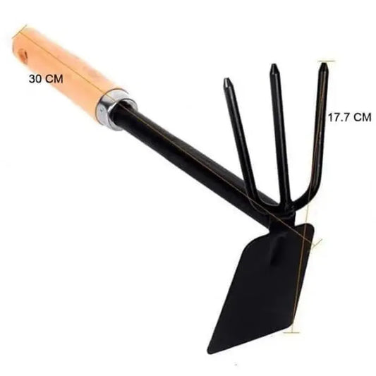 Wooden handle dual hoe & rake