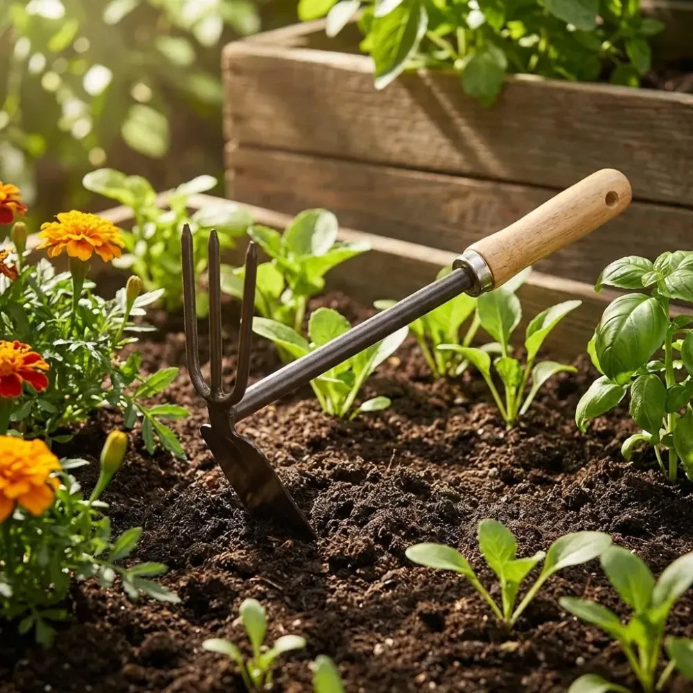 Wooden handle dual hoe & rake