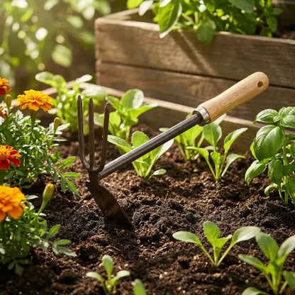 Wooden handle dual hoe & rake