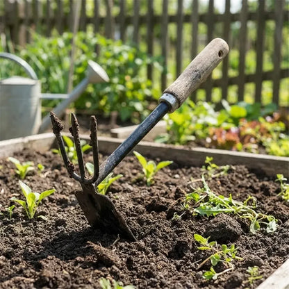 Wooden handle dual hoe & rake
