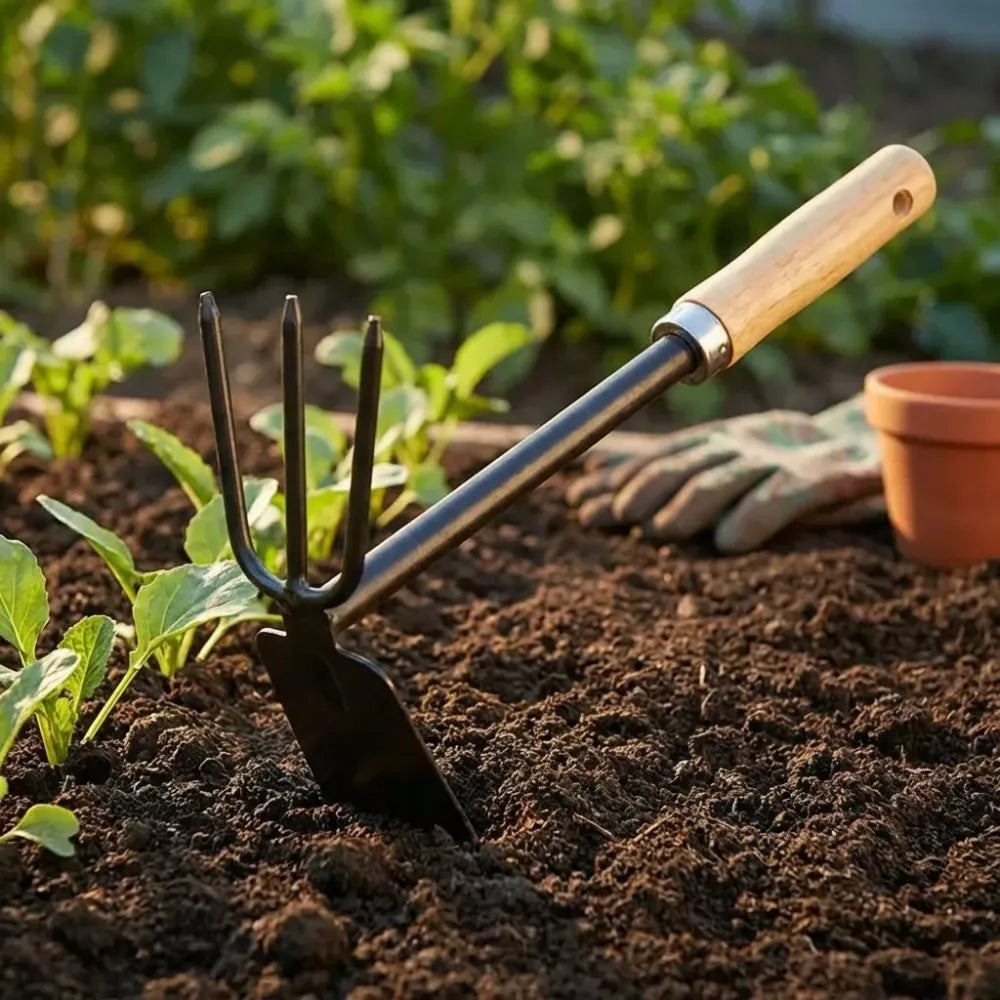 Wooden handle dual hoe & rake