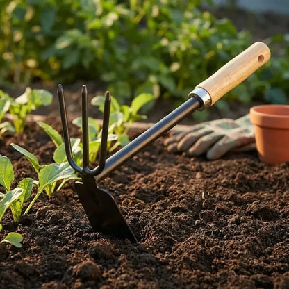 Wooden handle dual hoe & rake
