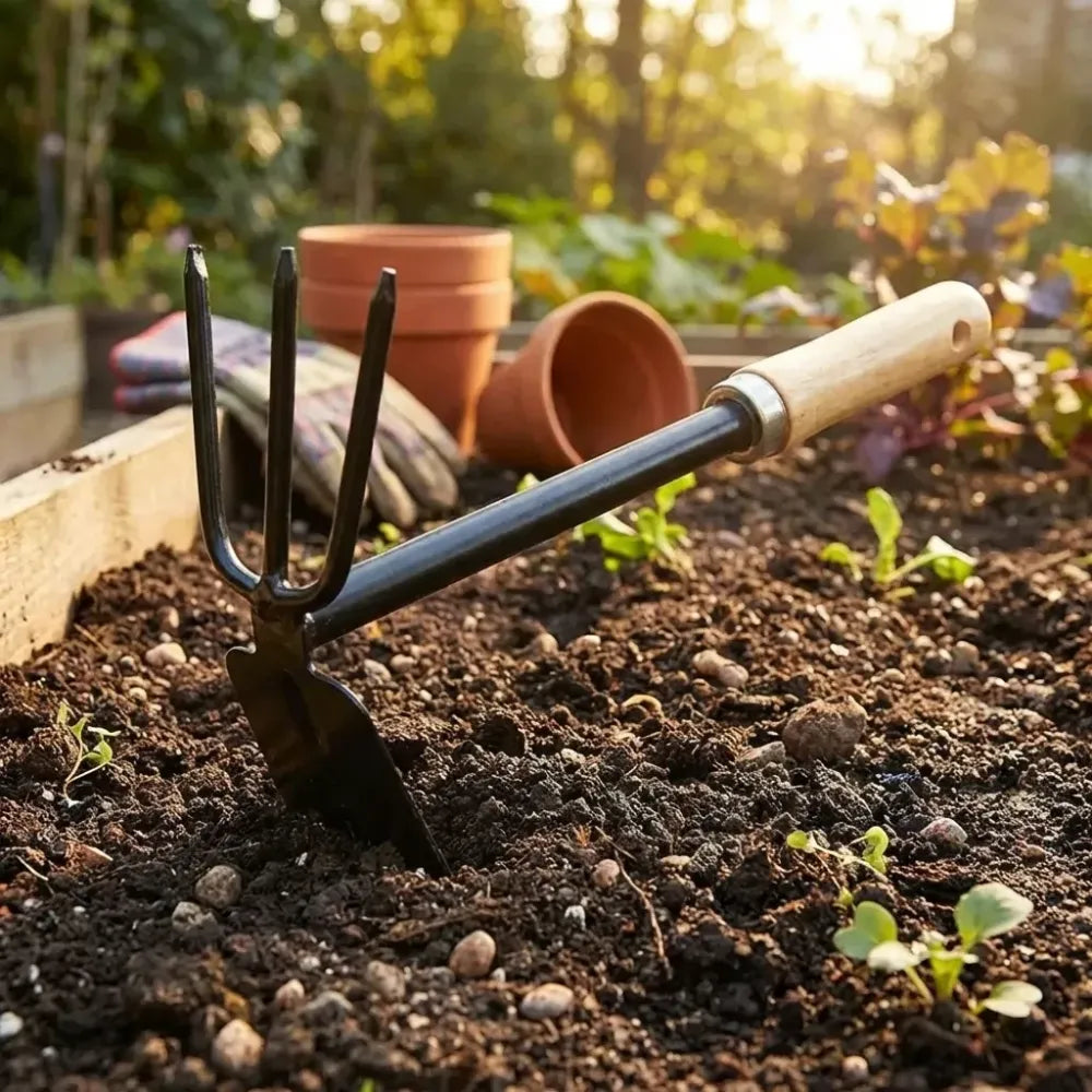 Wooden handle dual hoe & rake