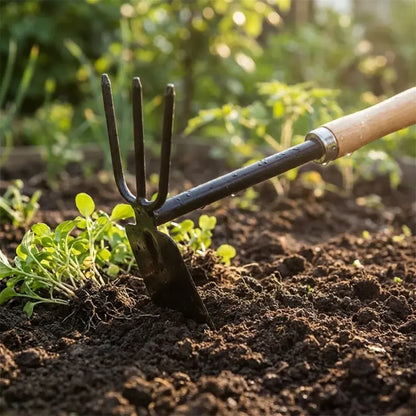 Wooden handle dual hoe & rake
