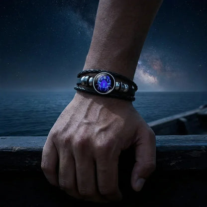 Zodiac constellation black leather bracelet