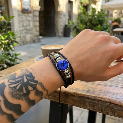 Zodiac constellation black leather bracelet