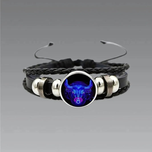 Zodiac constellation black leather bracelet