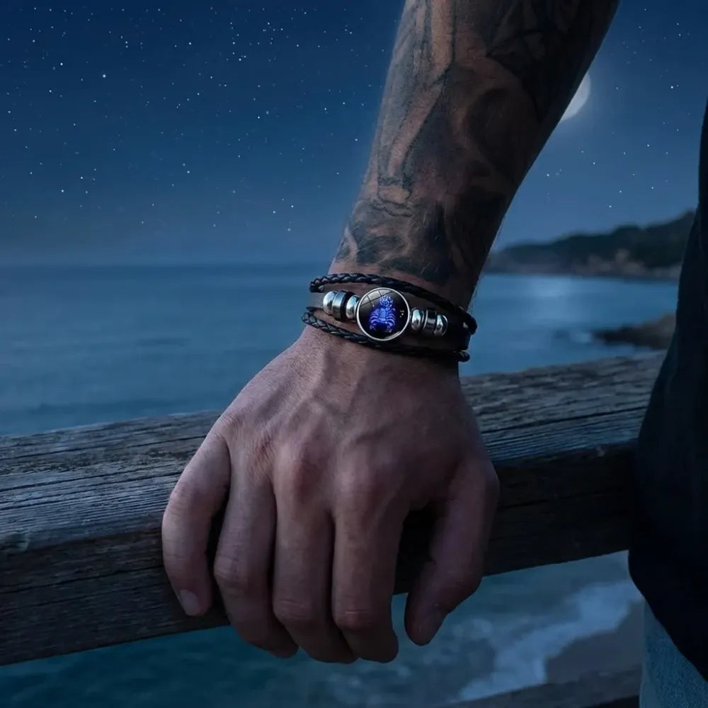 Zodiac constellation black leather bracelet