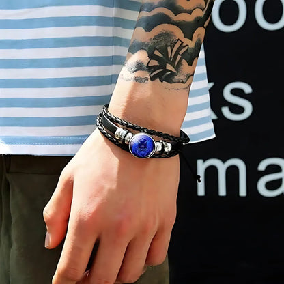 Zodiac constellation black leather bracelet