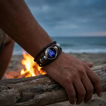 Zodiac constellation black leather bracelet