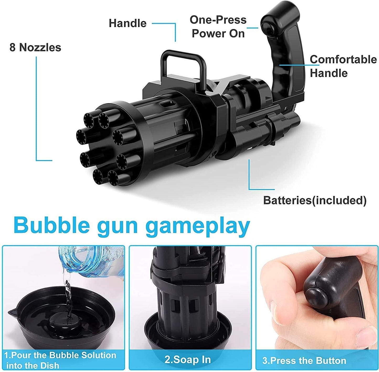 Bubble Gun, with 3 Batteries and Bubble Water